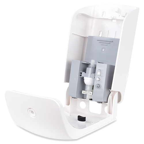XO2® 'The Bodyguard' Touch Free Hand Sanitiser Dispenser - High Capacity, Low Servicing &amp; Less Waste - Open side view