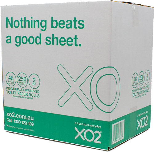 XO2® 2ply 250 Sheet Toilet Paper Rolls - Individually Wrapped - Carton View