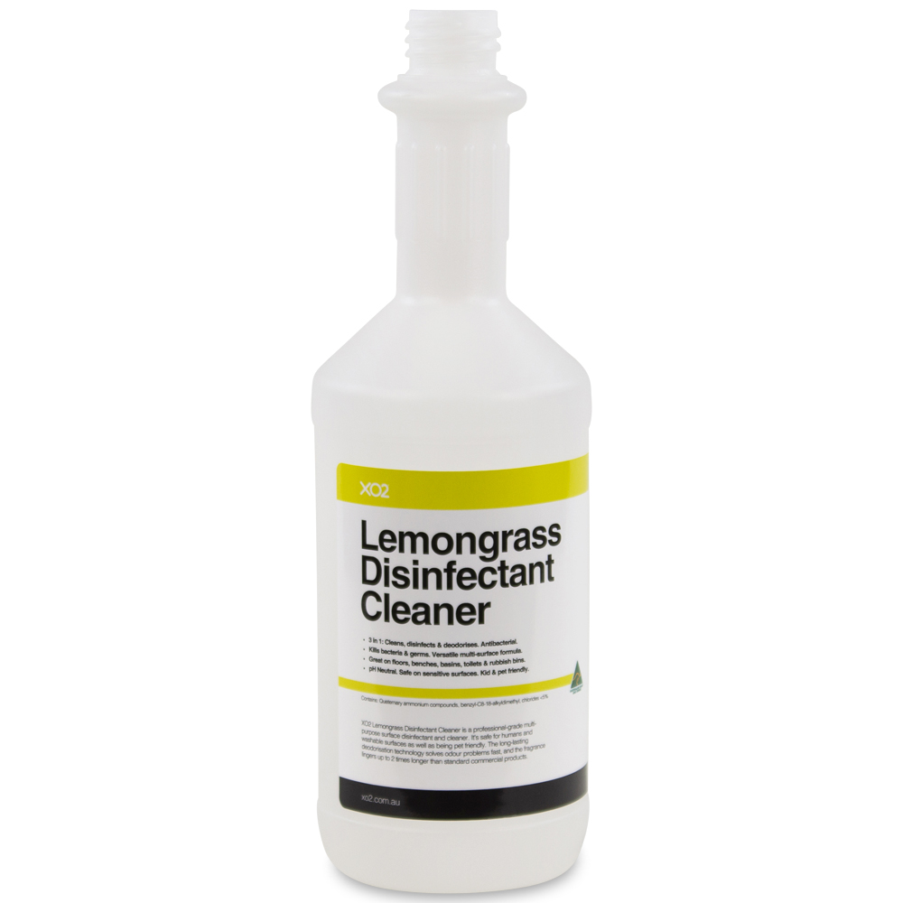 750ml XO2 Lemongrass Disinfectant Cleaner Labelled Empty Bottle - Refillable & Recyclable (Lids & triggers not included)