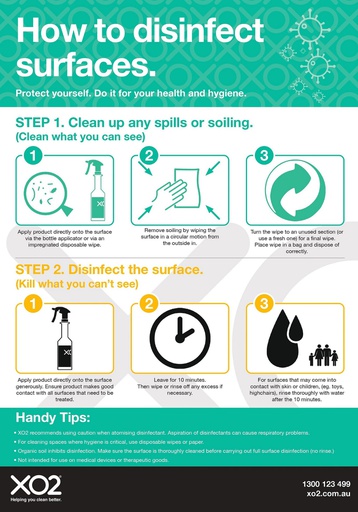 [TD400230] XO2® 'How To Disinfect Surfaces' Hygiene Sign - Splash Resistant